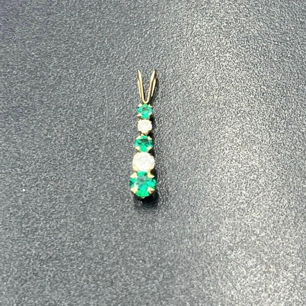 10k Yellow Gold Round Prong Set Emerald and CZ Linear Vertical May Pendant